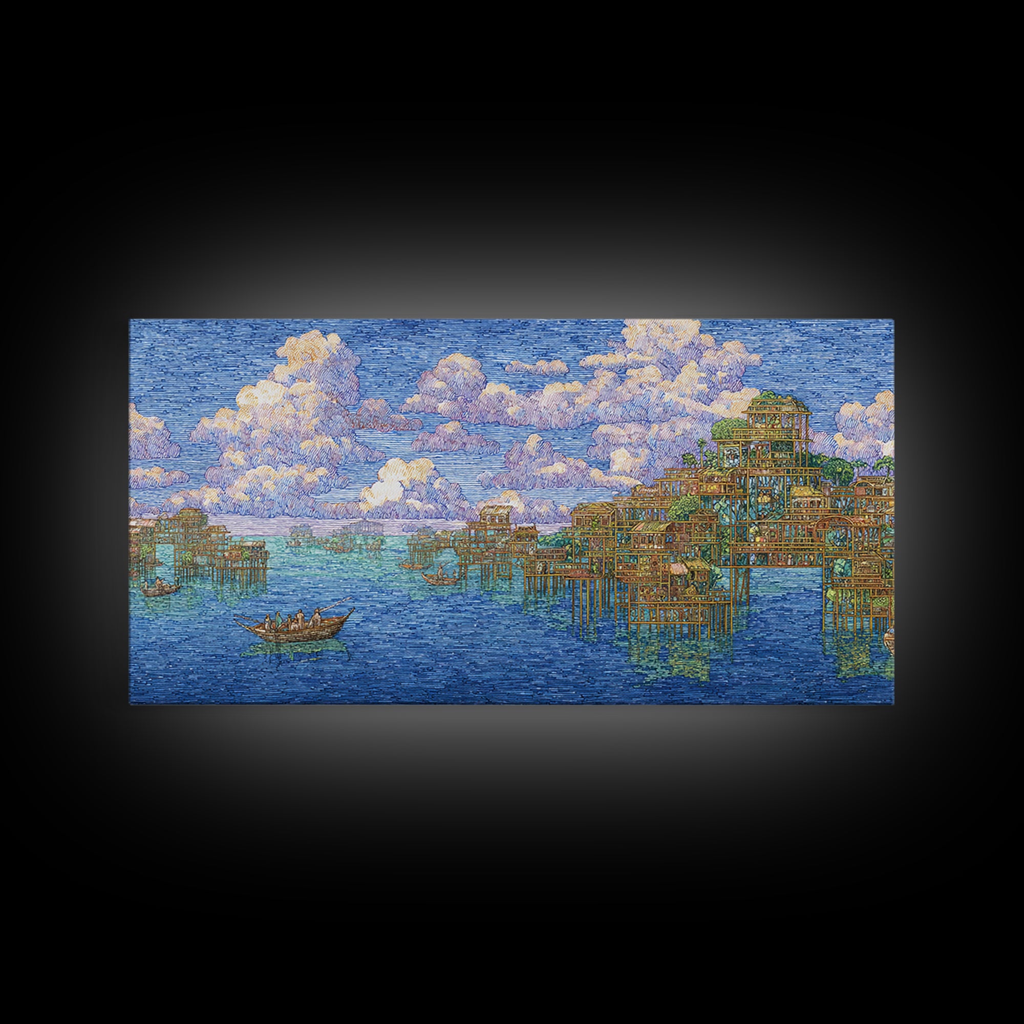 Ocean Stilt Village Wall Art, Blue Coastal Landscape, African Inspired Fishing Boats, Dreamy Clouds, Premium Canvas Print