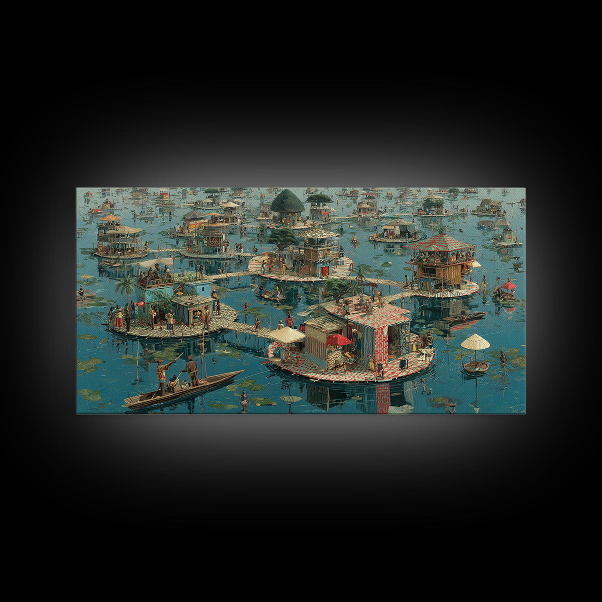 Floating Wetland Village Wall Art, African Water Landscape, Round Island Homes, Boho Coastal Decor, Unique Canvas Print Gift