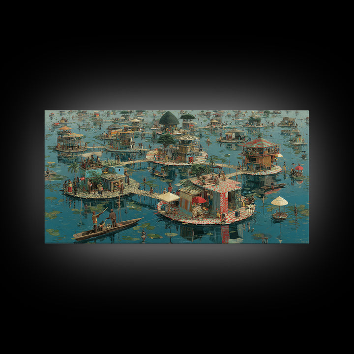 Floating Wetland Village Wall Art, African Water Landscape, Round Island Homes, Boho Coastal Decor, Unique Canvas Print Gift