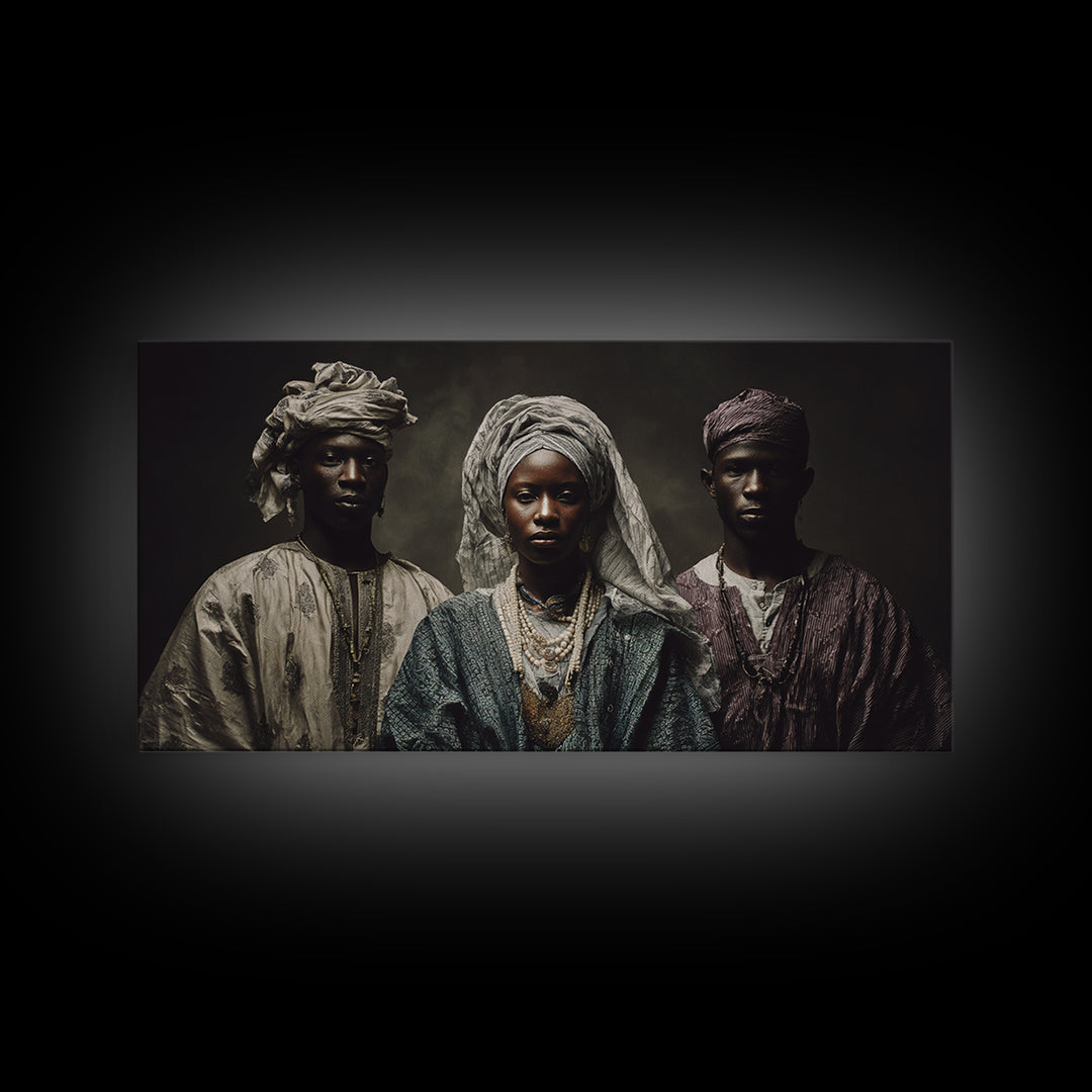 Regal African Trio Portrait Framed Canvas Print, Traditional Headwraps, Afrocentric Wall Decor, Black Culture Portrait Art Gift