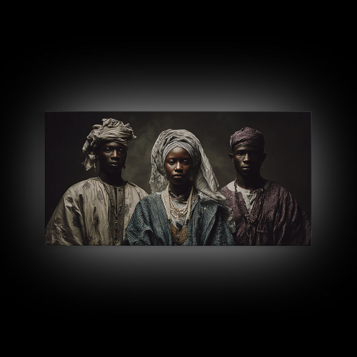 Regal African Trio Portrait Framed Canvas Print, Traditional Headwraps, Afrocentric Wall Decor, Black Culture Portrait Art Gift