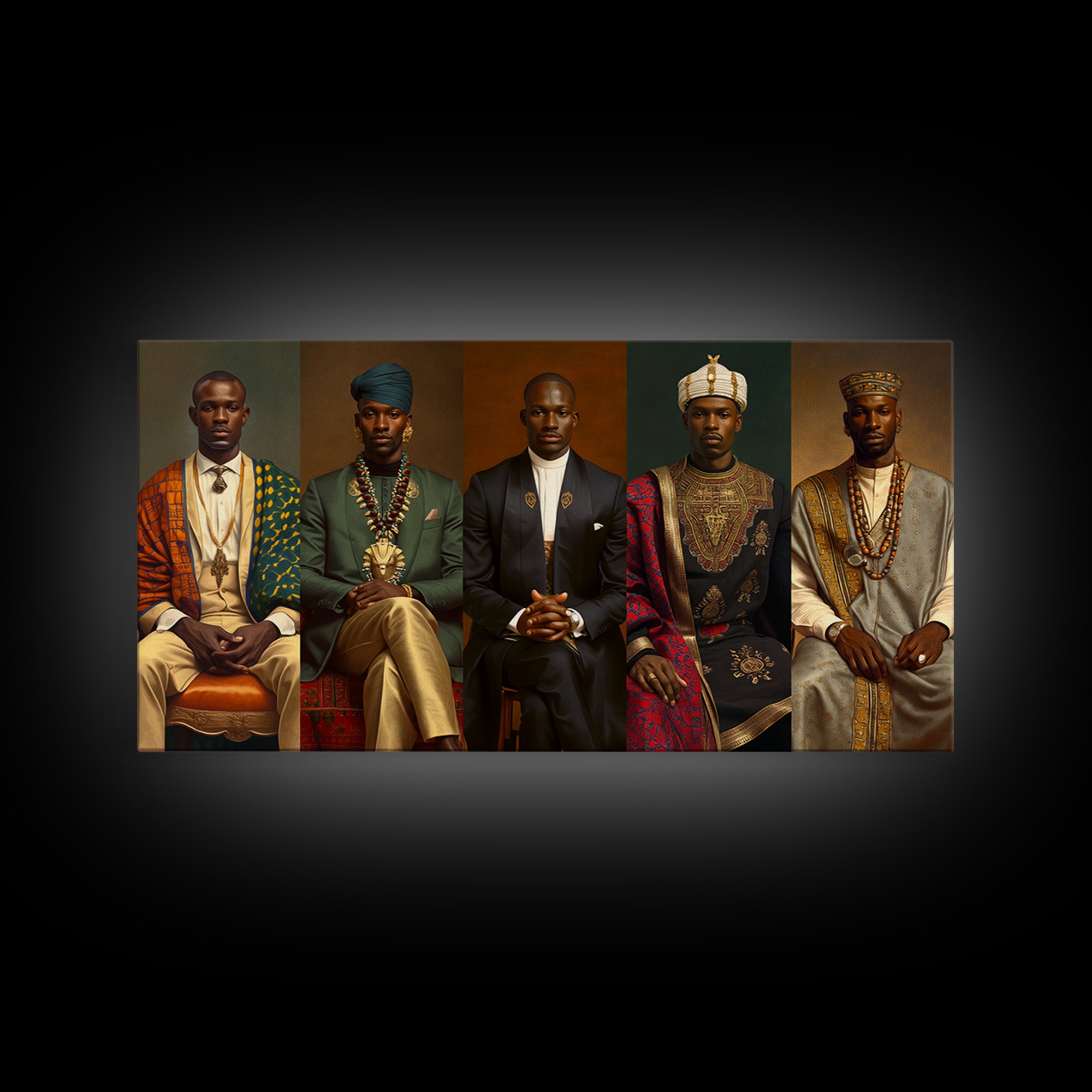 Five Regal African Kings Framed Canvas Print, Royal Portrait Wall Art, Black Men Cultural Decor, Afrocentric Home Decor Gift