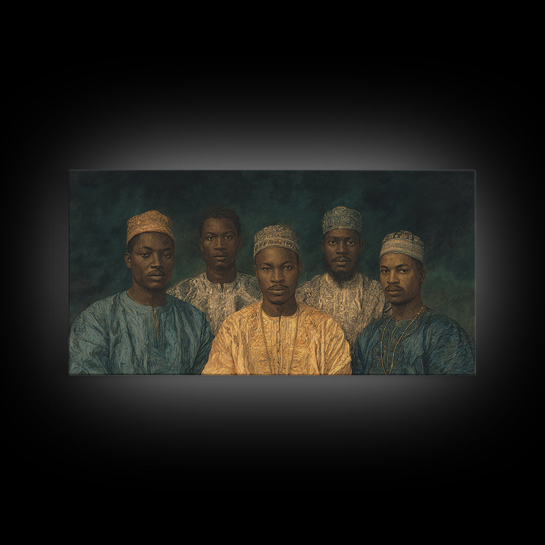 Five African Men In Gold Caps Framed Canvas Print, Textured Royal Portrait Wall Art, Blue Earth Tone Cultural Decor Gift