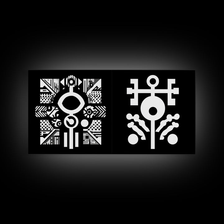 Black And White Adinkra Symbol Wall Art, African Tribal Abstract Canvas Print, Geometric Spiritual Decor, Bold Pattern Gift