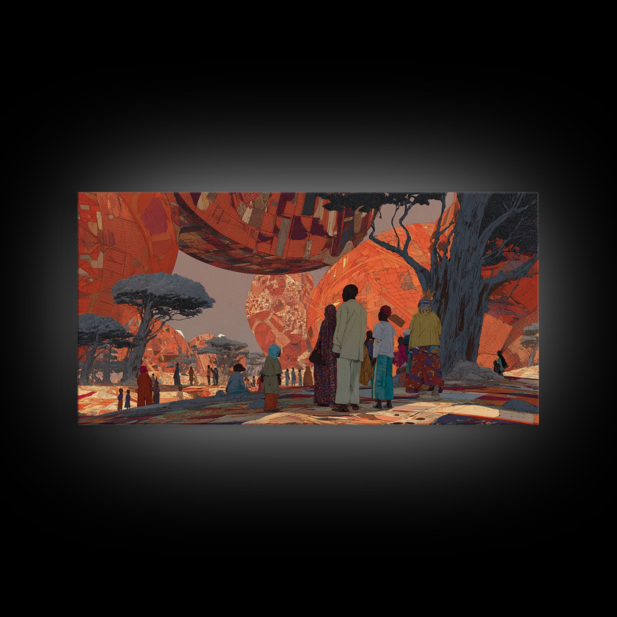 Futuristic Orange Baobab Village Wall Art, African Landscape Canvas Print, Afrocentric Safari Decor, Dreamy Cultural Artwork