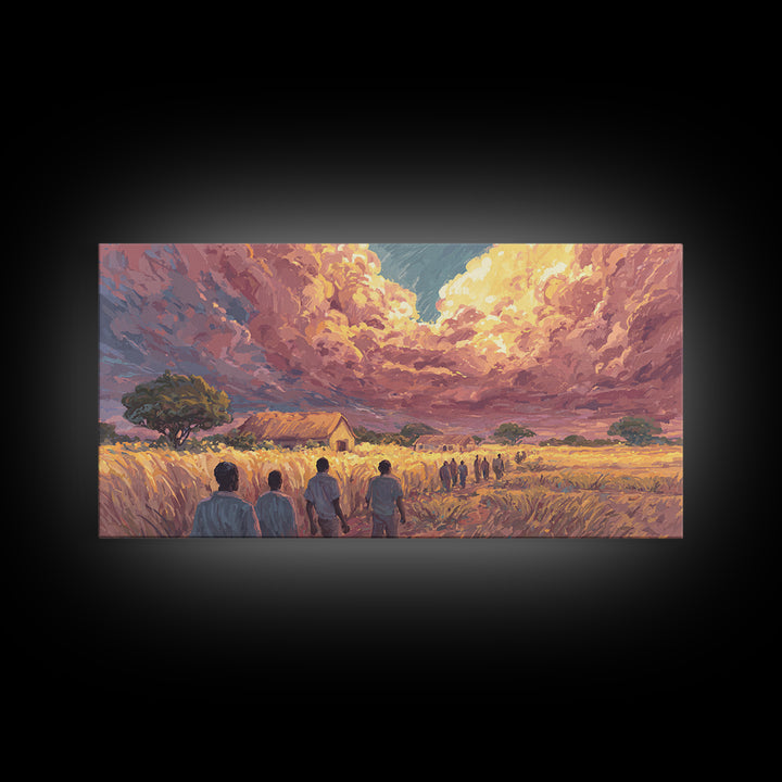 African Village Sunset Walk Wall Art, Rural Landscape Painting, Motherland Decor, African Safari Art, Boho Home Decor Gift