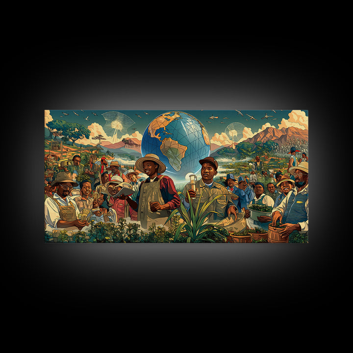 Joyful African Farmers And Floating Globe Wall Art, Afrofuturism Decor, Cultural Art Print, Colorful Africa Poster Print