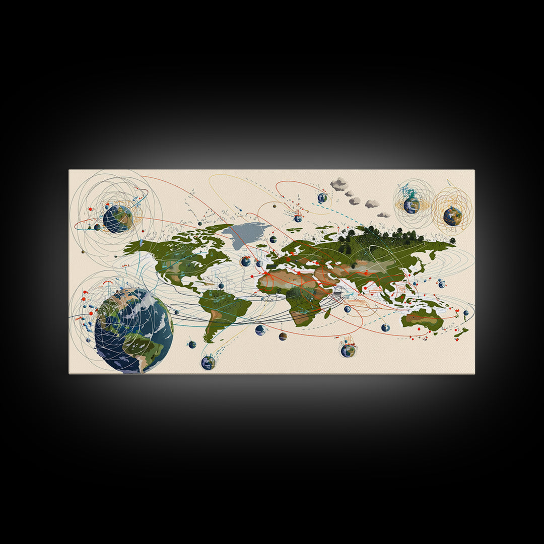 Global Network Map With Africa Orbitals Wall Art, Digital World Map Art, Modern Office Decor, Futuristic Abstract Art Print