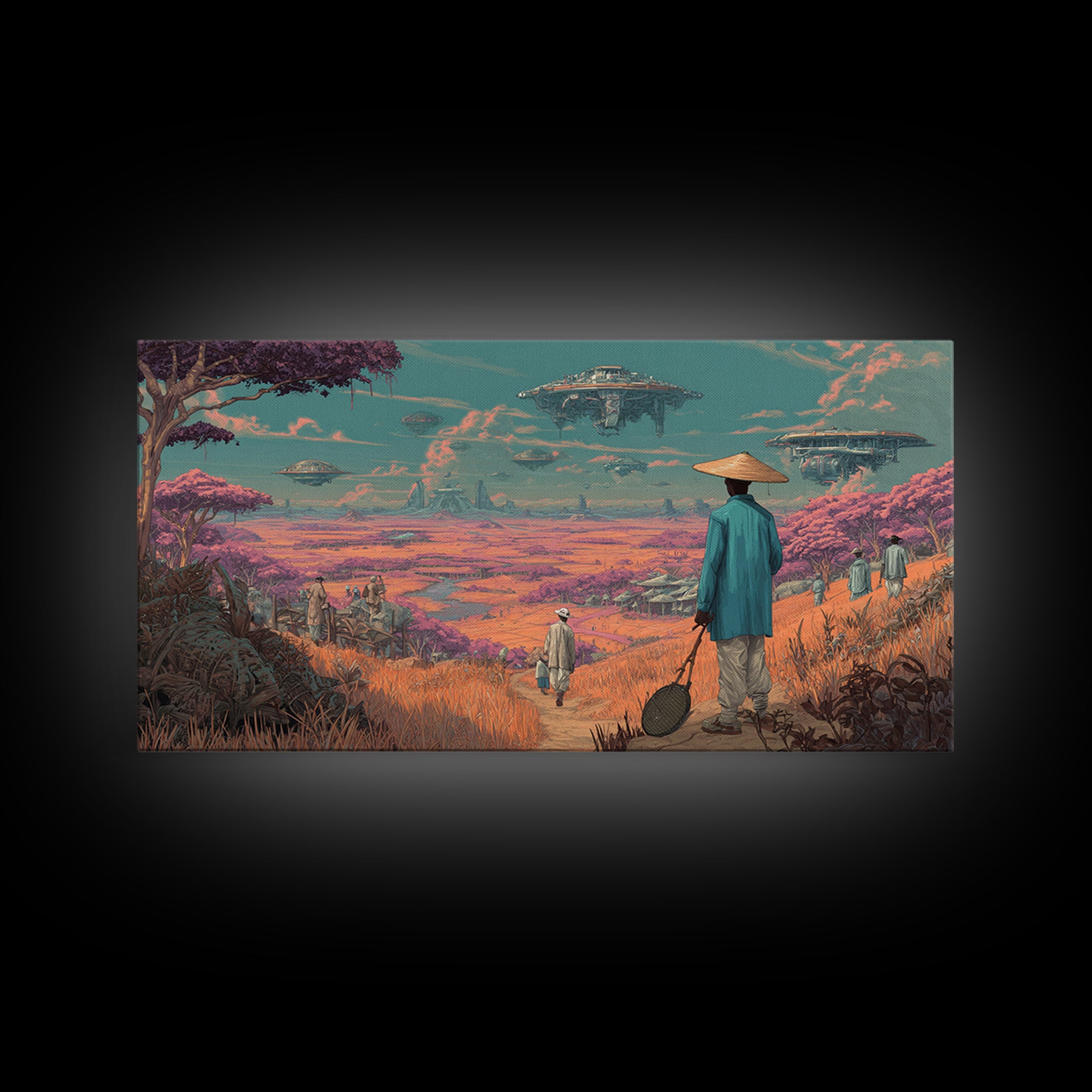 Afrofuturist Traveler In Pink Alien Savannah Canvas Print, African Sci Fi Wall Art, Dreamy Landscape, Unique Home Decor