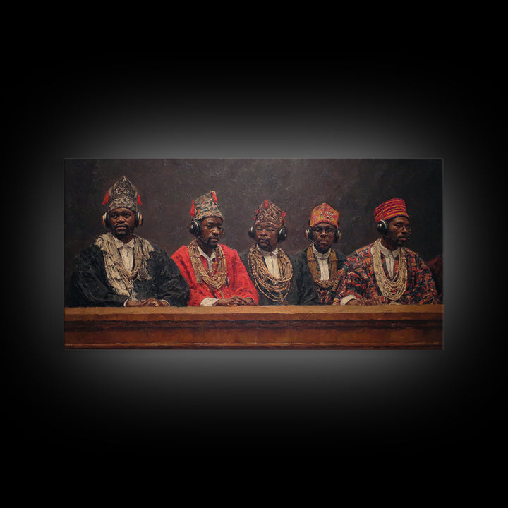 Traditional African Tribunal With Ornate Hats Wall Art, Tribal Queen Art, Cultural Portrait, Black History Gift, Bold Decor