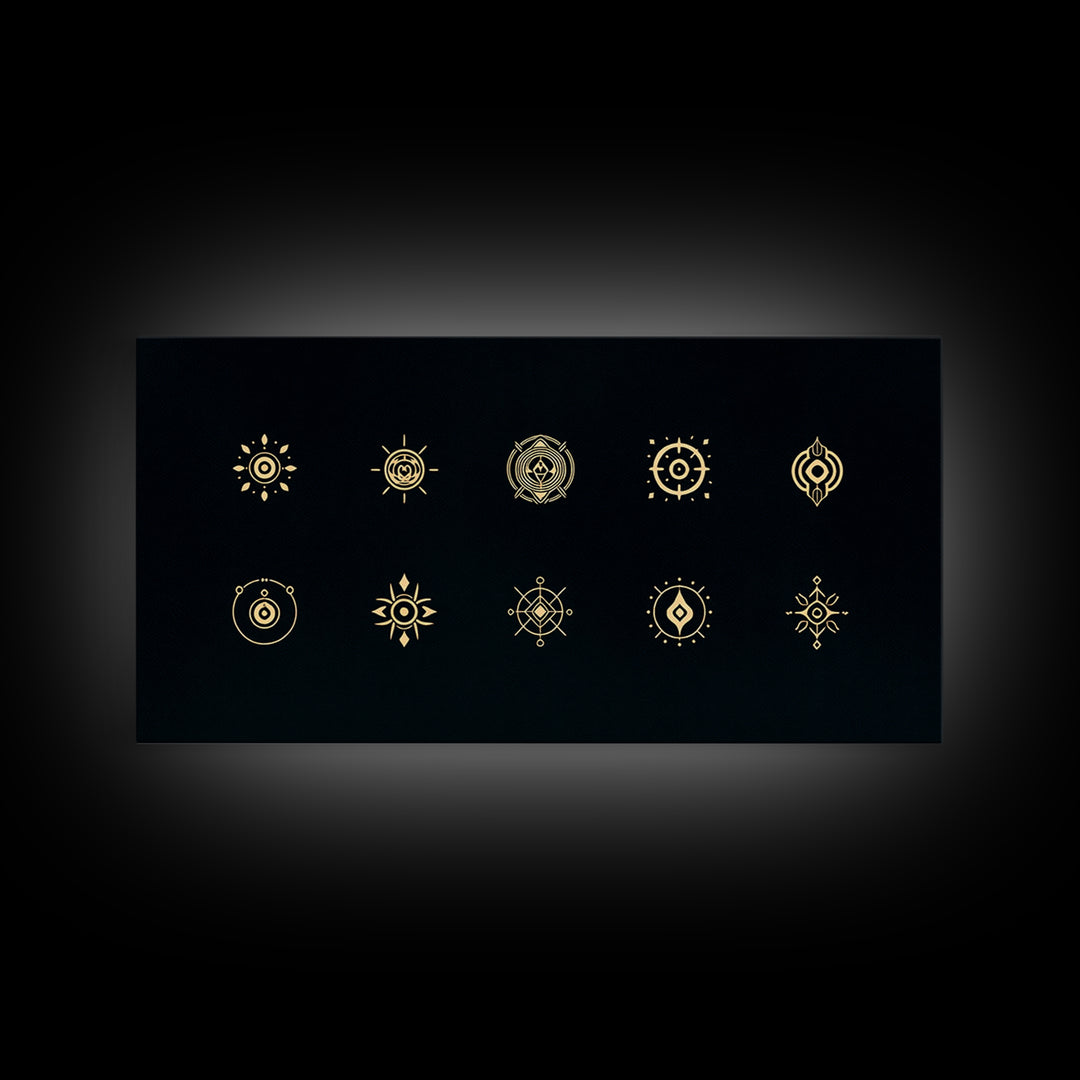 Gold African Tribal Sun Symbols On Black Canvas Print, Minimalist Afrocentric Wall Art, Spiritual Decor, Ethnic Pattern Art