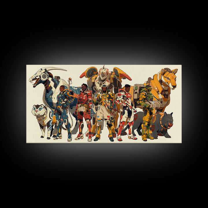 Futuristic African Riders Wall Art, Afrofuturism Canvas Print, Animal Warrior Art Decor For Kids Gaming Room Gallery Decor