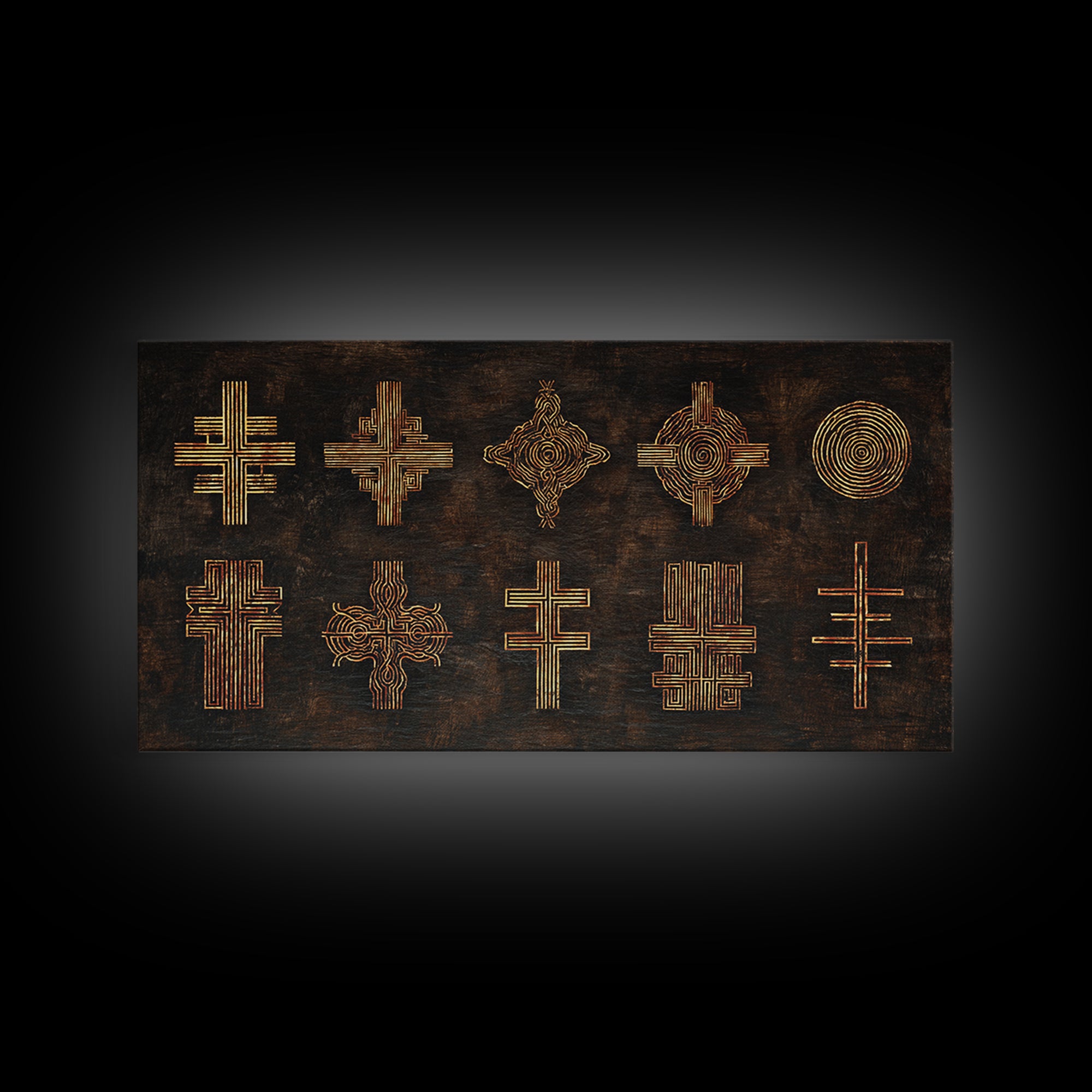 Gold Tribal Cross Symbols On Dark Texture Wall Art, African Patterns, Abstract African Art, Cultural Wall Decor, Modern Canvas