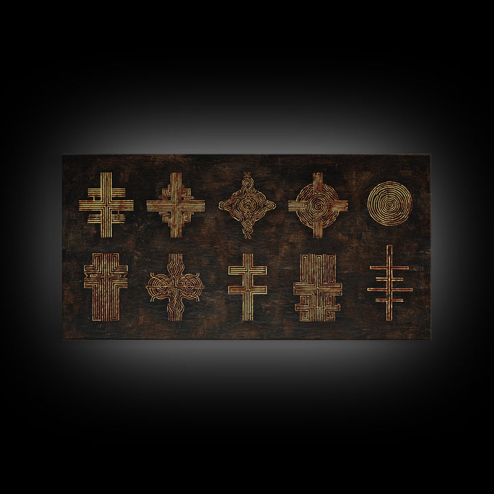 Gold Tribal Cross Symbols On Dark Texture Wall Art, African Patterns, Abstract African Art, Cultural Wall Decor, Modern Canvas