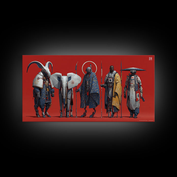 Afrofuturist Warriors With White Elephant Framed Canvas Print, African Warrior Art, Afrocentric Wall Art, Bold Home Decor