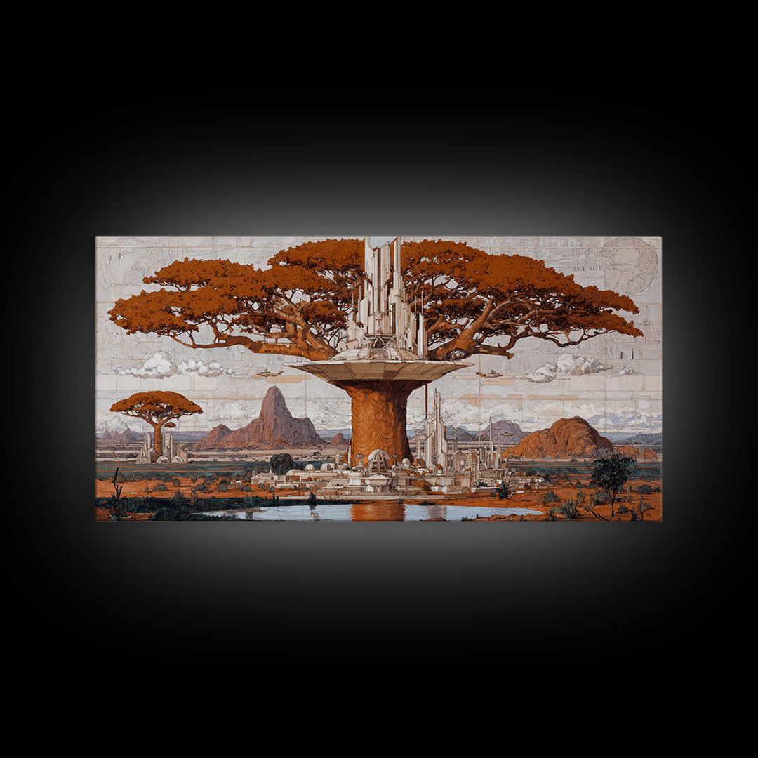 Sepia Baobab Tree Megacity In African Landscape Wall Art, African Tree, African Safari Art, Earth Tone Wall Art, Home Decor