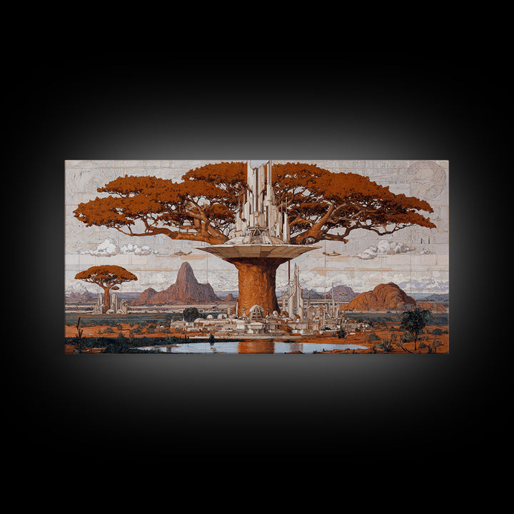 Sepia Baobab Tree Megacity In African Landscape Wall Art, African Tree, African Safari Art, Earth Tone Wall Art, Home Decor
