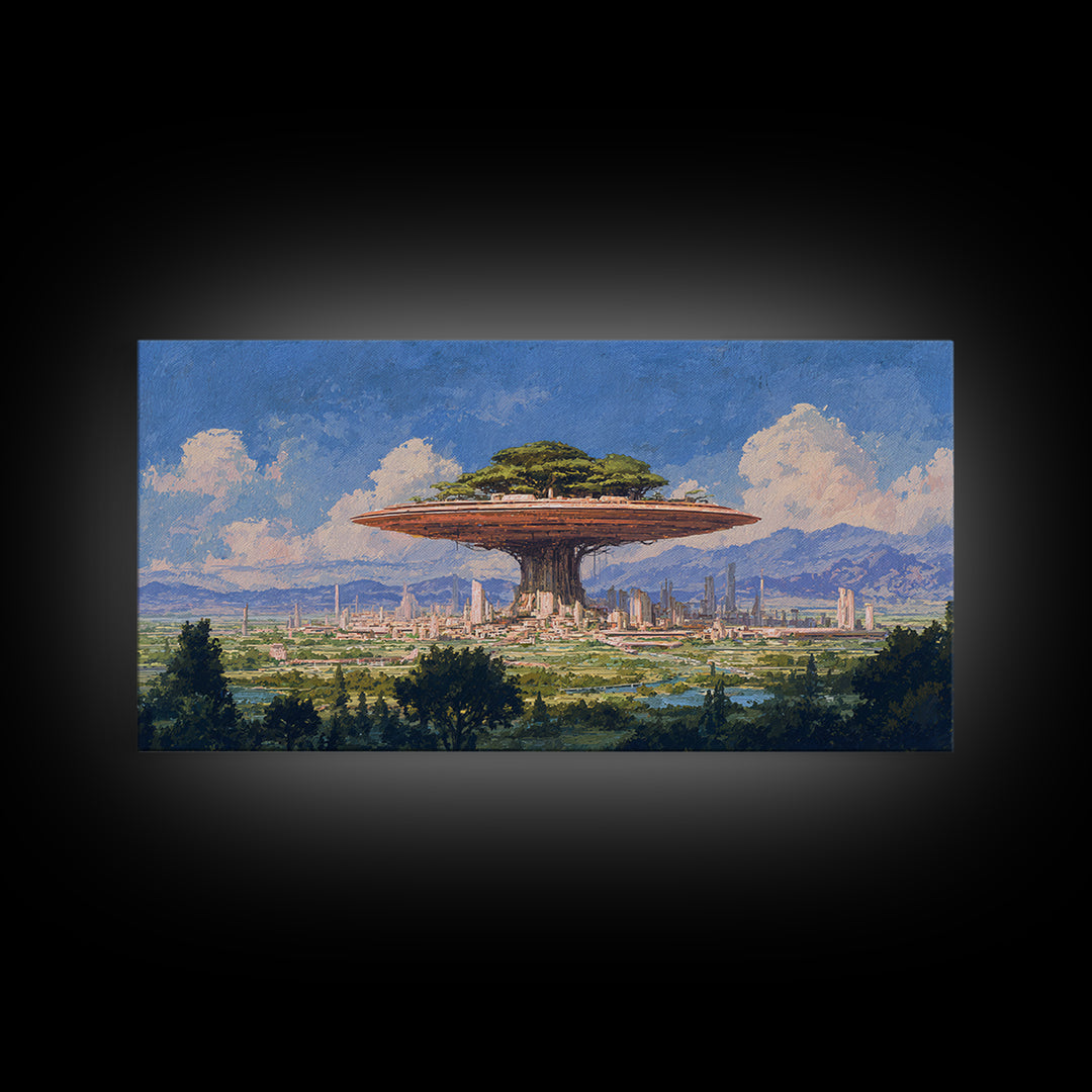 Floating Acacia Tree City Under Blue Sky Canvas Print, African Landscape, Modern Canvas Art, Serengeti Wall Art, Unique Home Decor