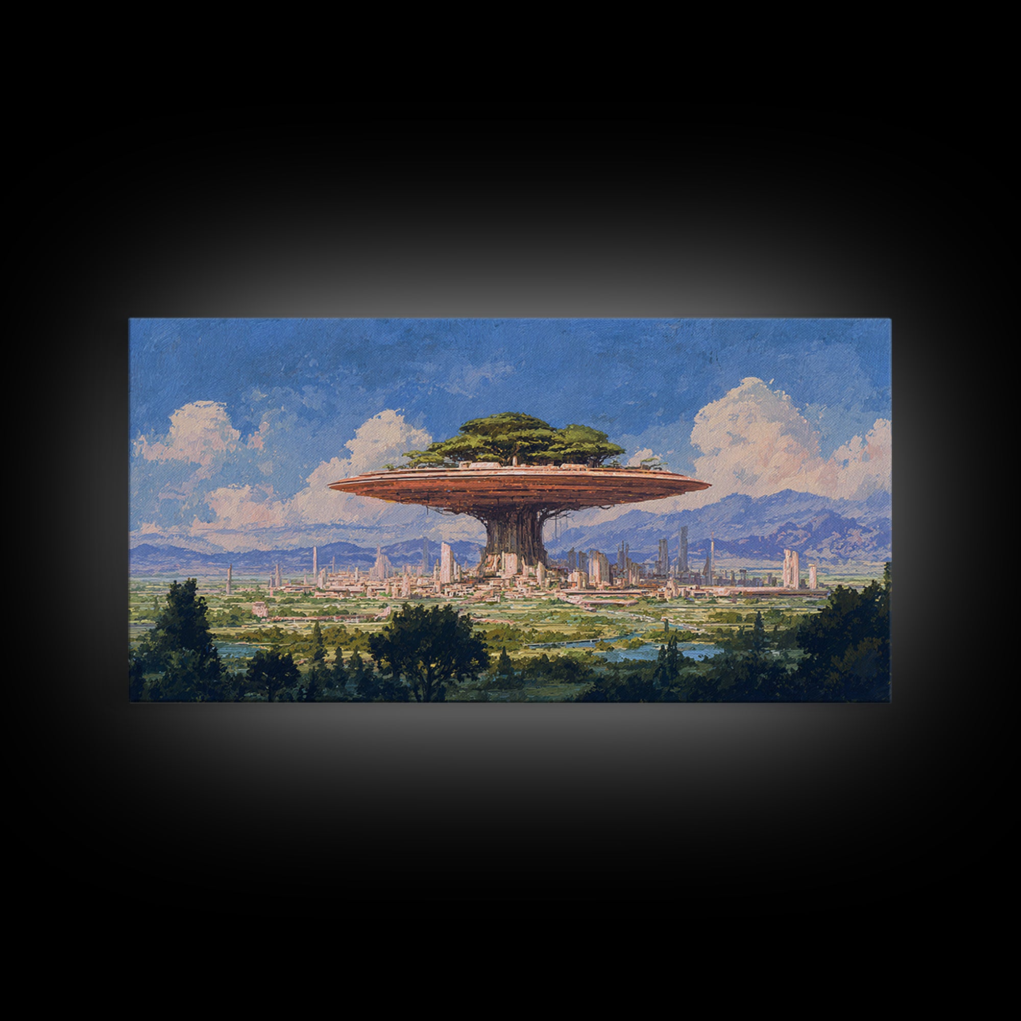 Floating Acacia Tree City Under Blue Sky Canvas Print, African Landscape, Modern Canvas Art, Serengeti Wall Art, Unique Home Decor