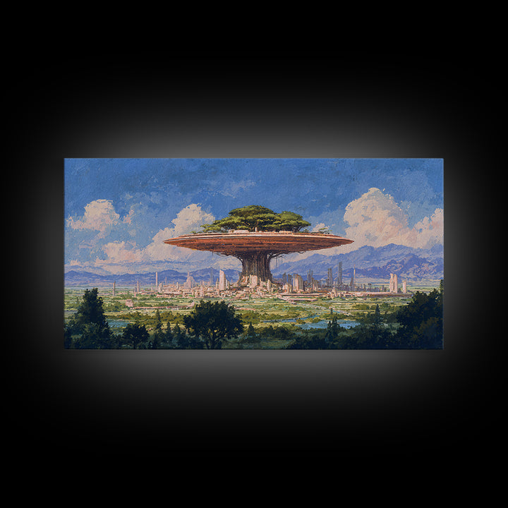 Floating Acacia Tree City Under Blue Sky Canvas Print, African Landscape, Modern Canvas Art, Serengeti Wall Art, Unique Home Decor