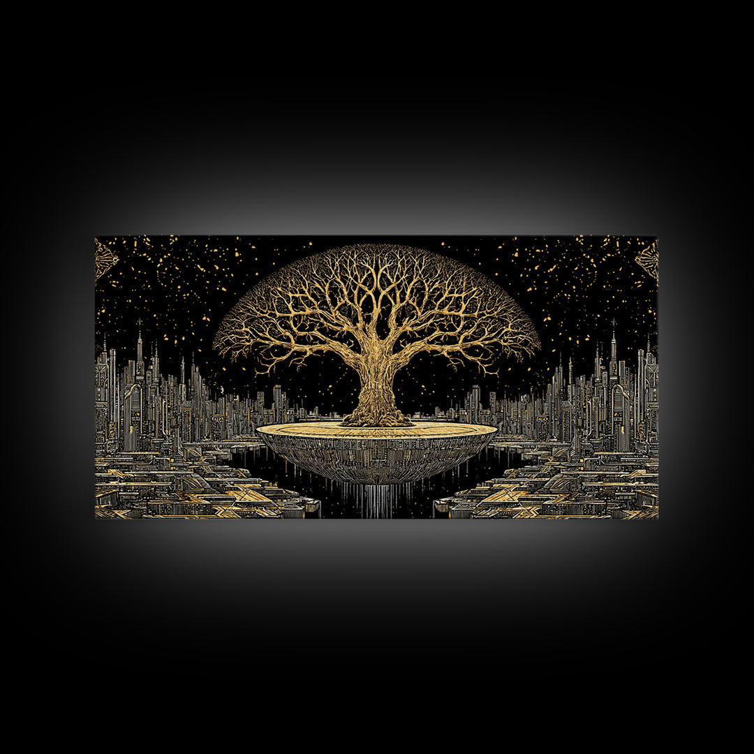 Golden Tree Of Life Over Futuristic City Wall Art, Black And Gold Art, Spiritual Wall Art, African Inspired, Statement Decor