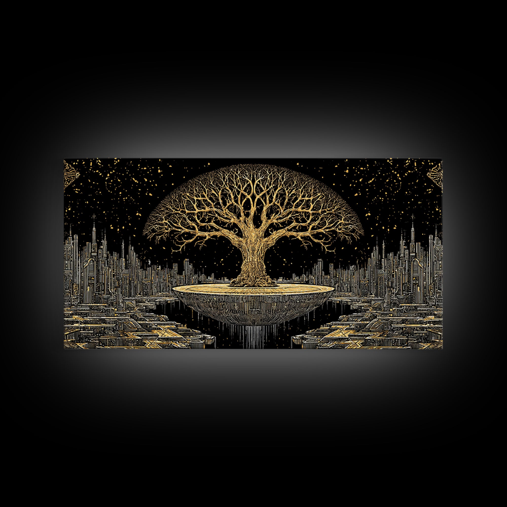 Golden Tree Of Life Over Futuristic City Wall Art, Black And Gold Art, Spiritual Wall Art, African Inspired, Statement Decor