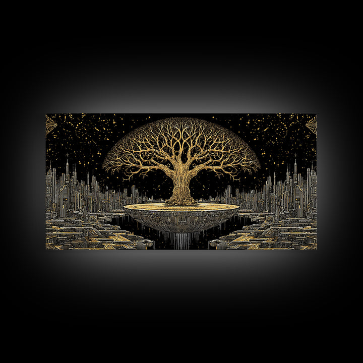 Golden Tree Of Life Over Futuristic City Wall Art, Black And Gold Art, Spiritual Wall Art, African Inspired, Statement Decor