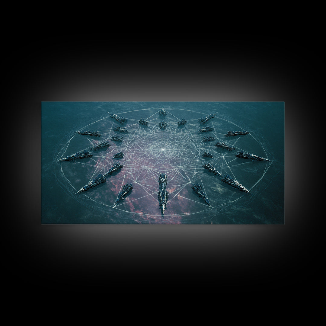 Sci Fi Naval Fleet In Circular Formation Canvas Print, Digital Art, Modern Wall Art, Teal Statement Wall Decor, Unique Gift