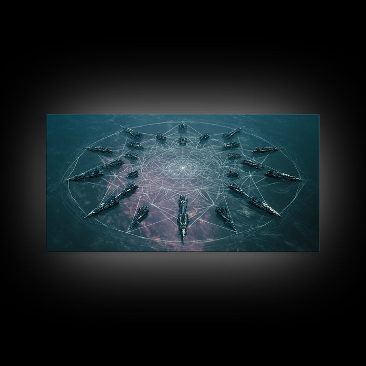 Sci Fi Naval Fleet In Circular Formation Canvas Print, Digital Art, Modern Wall Art, Teal Statement Wall Decor, Unique Gift