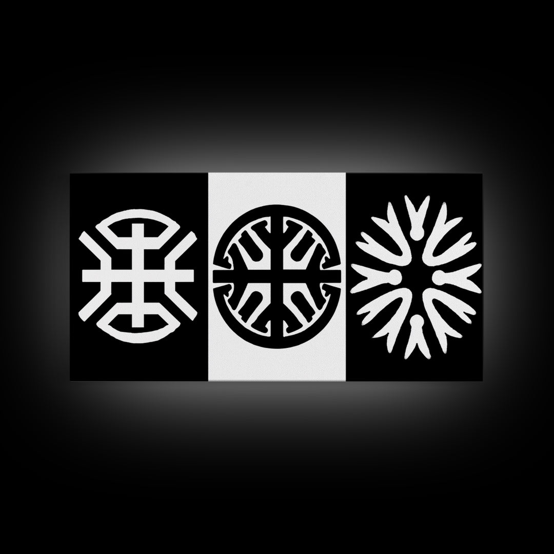 Black White Tribal Symbols Framed Canvas Print, Geometric Abstract Wall Art, African Inspired Decor, Minimalist Office Art