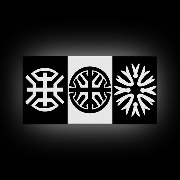 Black White Tribal Symbols Framed Canvas Print, Geometric Abstract Wall Art, African Inspired Decor, Minimalist Office Art