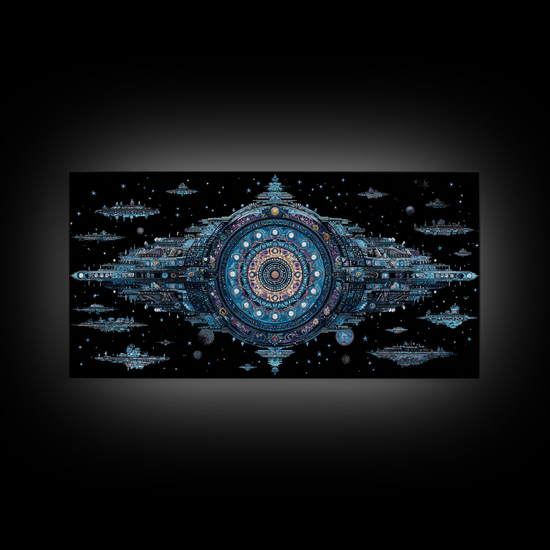 Ornate Cosmic Space Station Canvas Print, Blue Sci Fi Mandala Wall Art, Futuristic Digital Art, Modern Office Decor Gift
