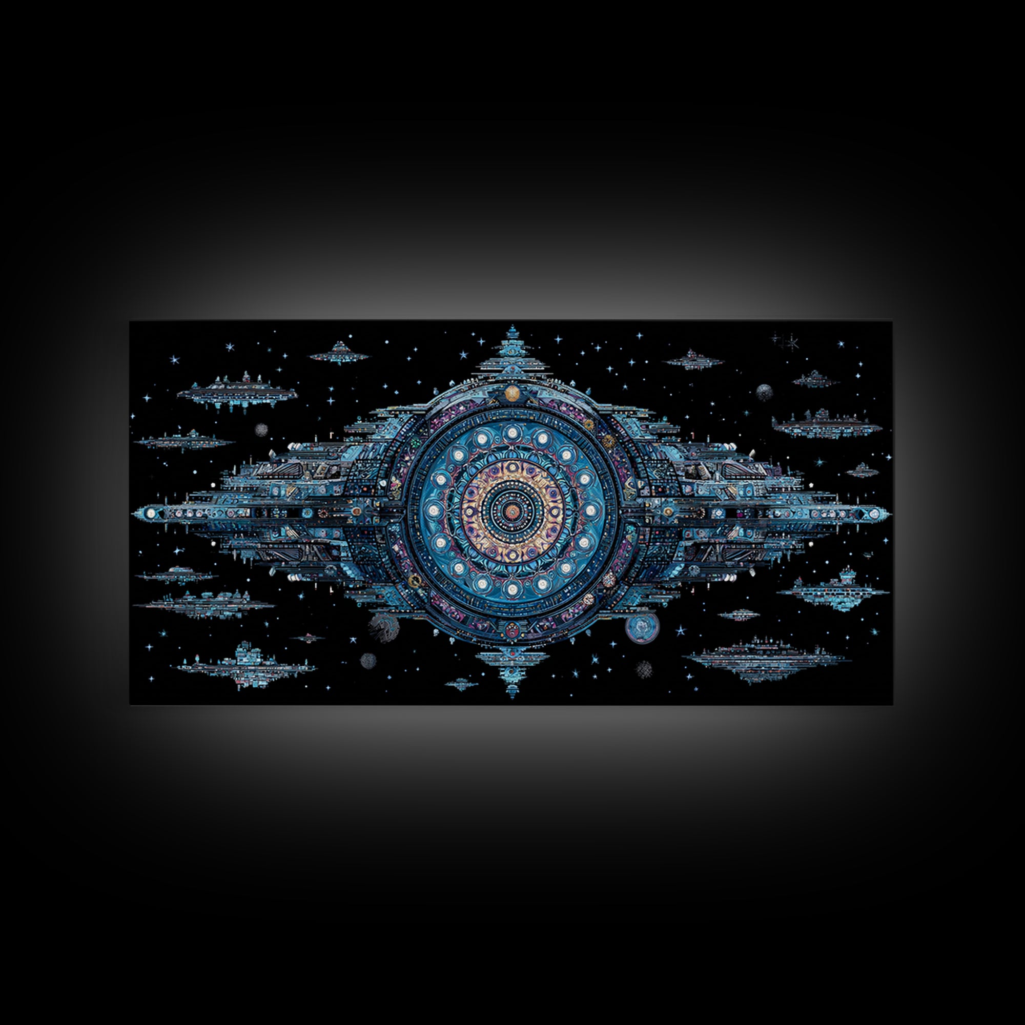 Ornate Cosmic Space Station Canvas Print, Blue Sci Fi Mandala Wall Art, Futuristic Digital Art, Modern Office Decor Gift