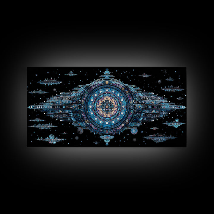 Ornate Cosmic Space Station Canvas Print, Blue Sci Fi Mandala Wall Art, Futuristic Digital Art, Modern Office Decor Gift
