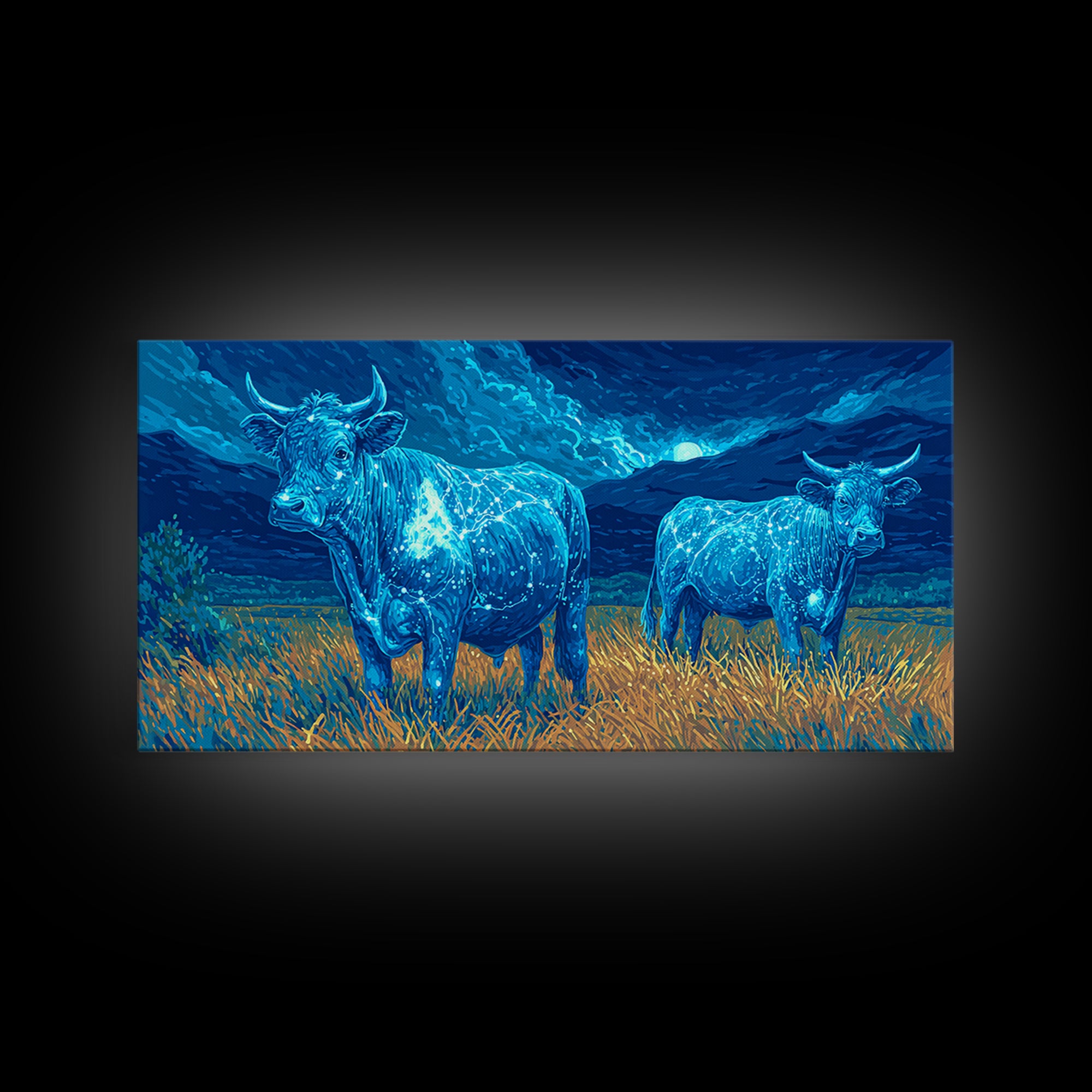 Glowing Blue Bulls In Moonlit Field Wall Art, Animal Landscape Painting, Nature Canvas Decor, Rustic Farmhouse Gift For Home