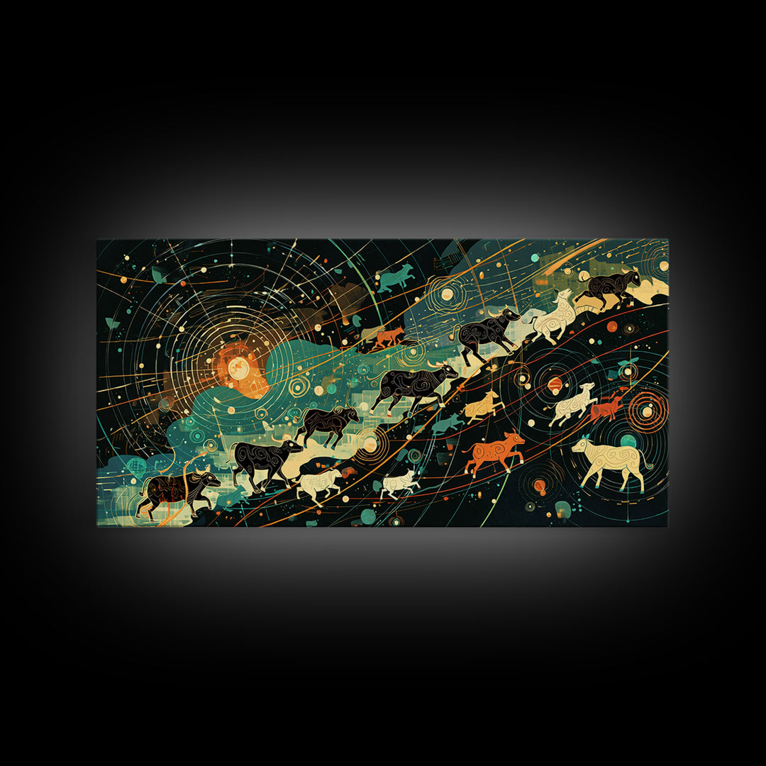 Cosmic Cattle Migration Canvas Print, Abstract Animal Wall Art, Modern Farm Decor, Earth Tone Office Art, Unique Home Gift