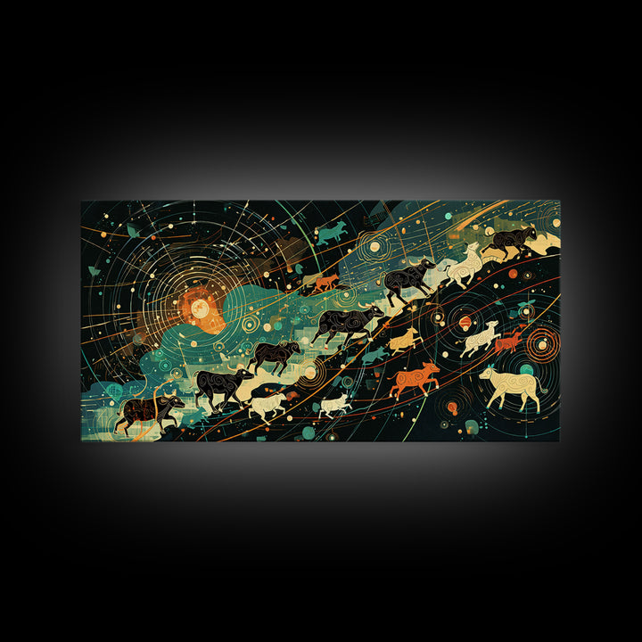 Cosmic Cattle Migration Canvas Print, Abstract Animal Wall Art, Modern Farm Decor, Earth Tone Office Art, Unique Home Gift