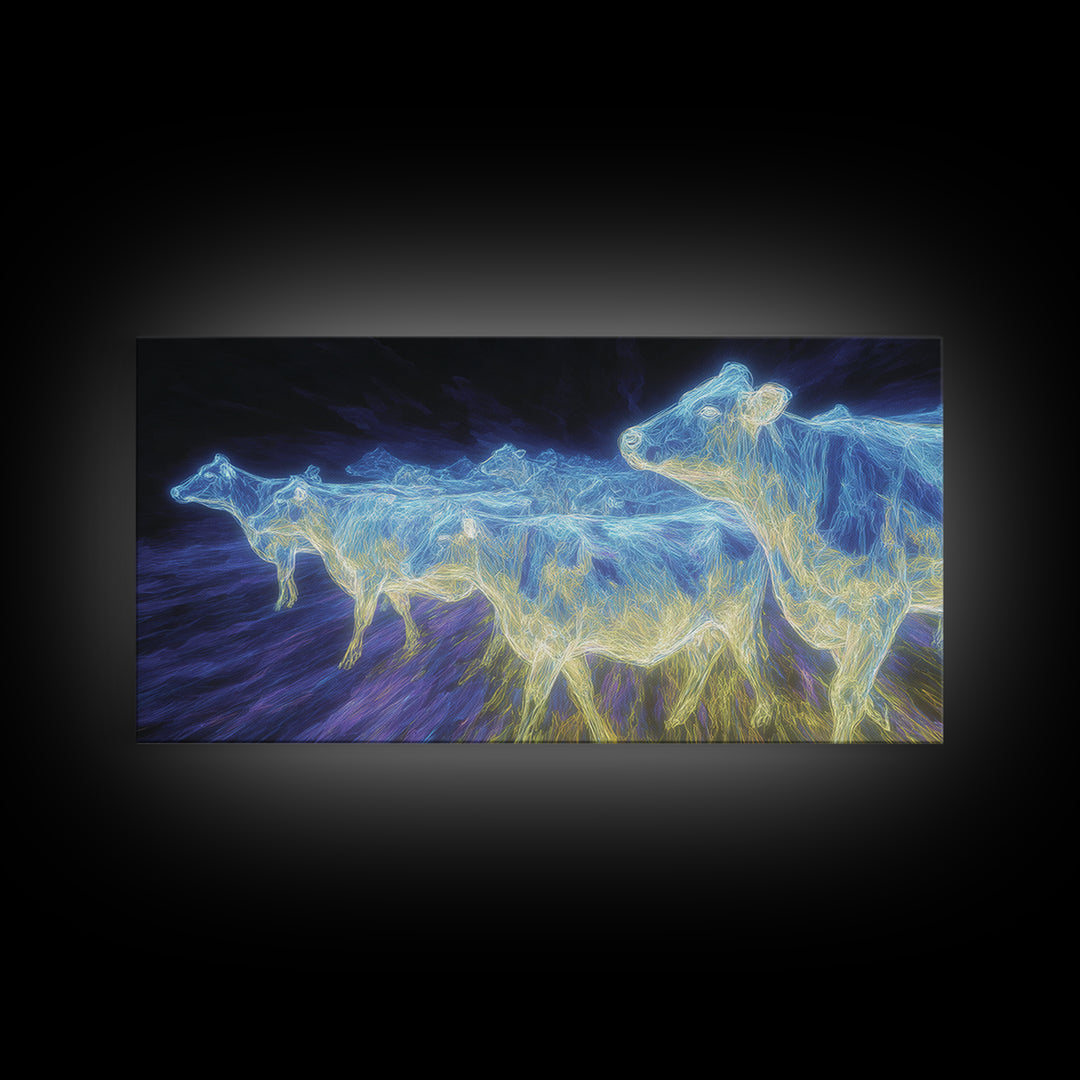 Electric Blue Cows Framed Canvas Print, Glowing Animal Wall Art, Modern Digital Farm Decor, Statement Office Art, Blue Home Decor
