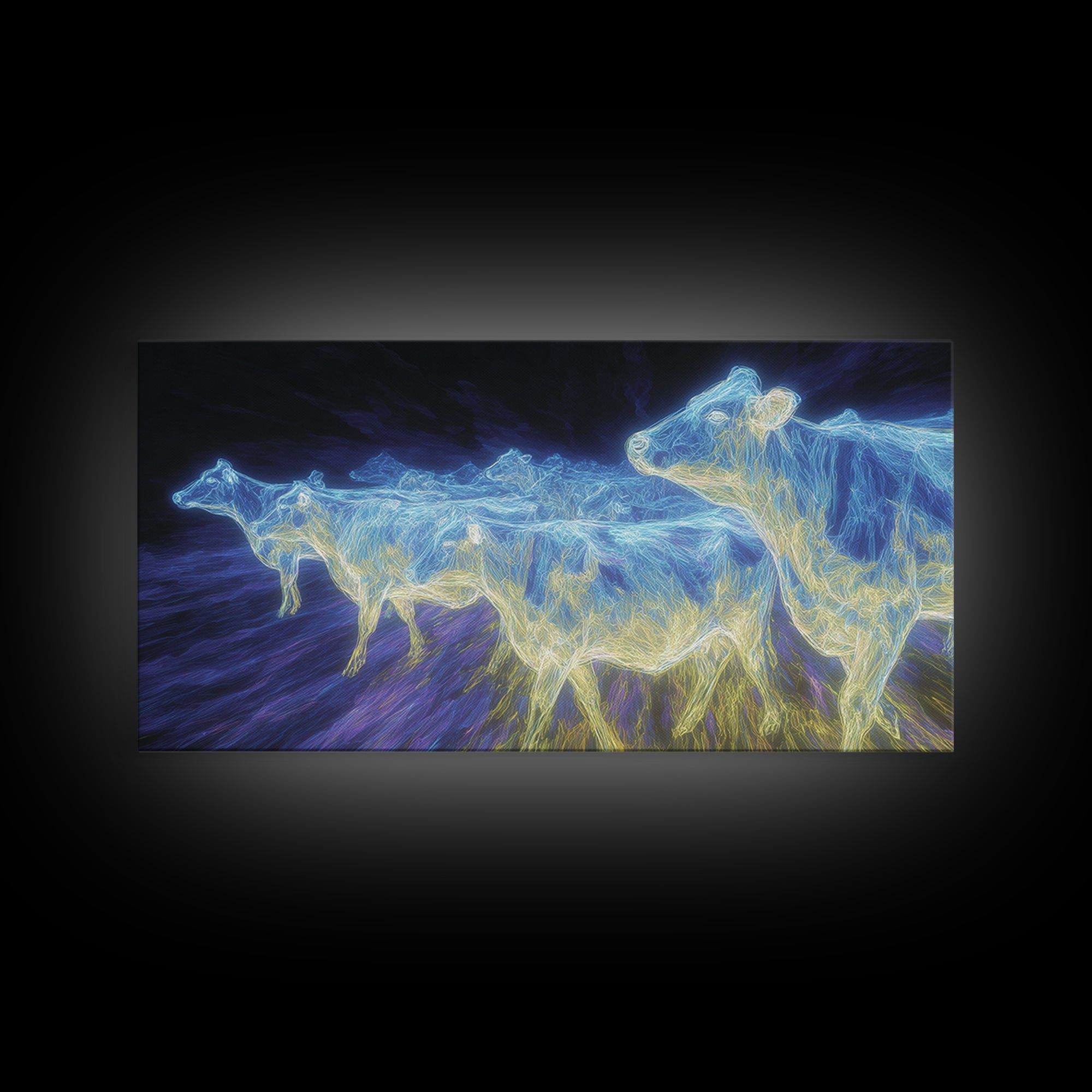 Electric Blue Cows Framed Canvas Print, Glowing Animal Wall Art, Modern Digital Farm Decor, Statement Office Art, Blue Home Decor