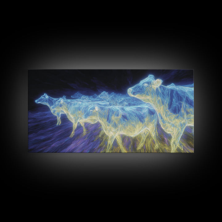 Electric Blue Cows Framed Canvas Print, Glowing Animal Wall Art, Modern Digital Farm Decor, Statement Office Art, Blue Home Decor