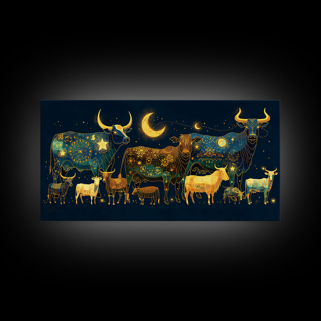 Celestial Folk Cattle And Goats Wall Art, Gold Blue Animal Canvas Decor, Moon Stars Farm Painting, Boho Home Decor Gift For Her