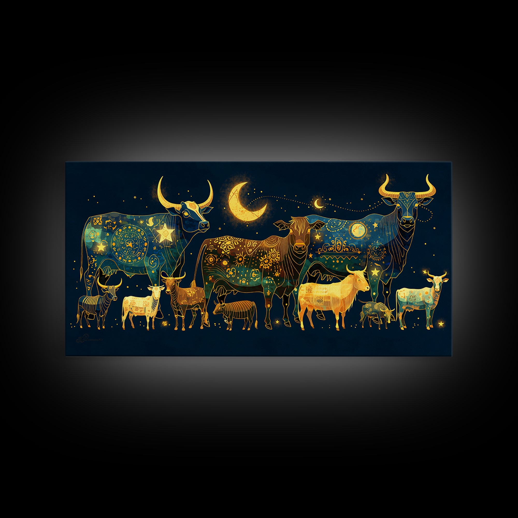 Celestial Folk Cattle And Goats Wall Art, Gold Blue Animal Canvas Decor, Moon Stars Farm Painting, Boho Home Decor Gift For Her