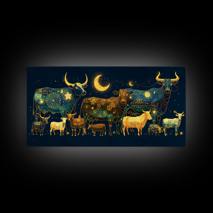 Celestial Folk Cattle And Goats Wall Art, Gold Blue Animal Canvas Decor, Moon Stars Farm Painting, Boho Home Decor Gift For Her