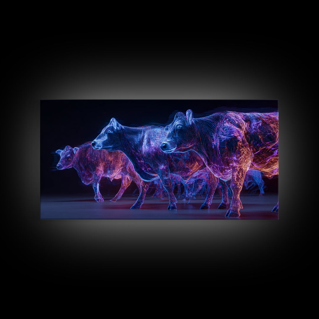 Neon Blue And Purple Cows Canvas Print, Glowing Animal Wall Art, Modern Digital Farm Decor, Bold Office Art, Unique Gift
