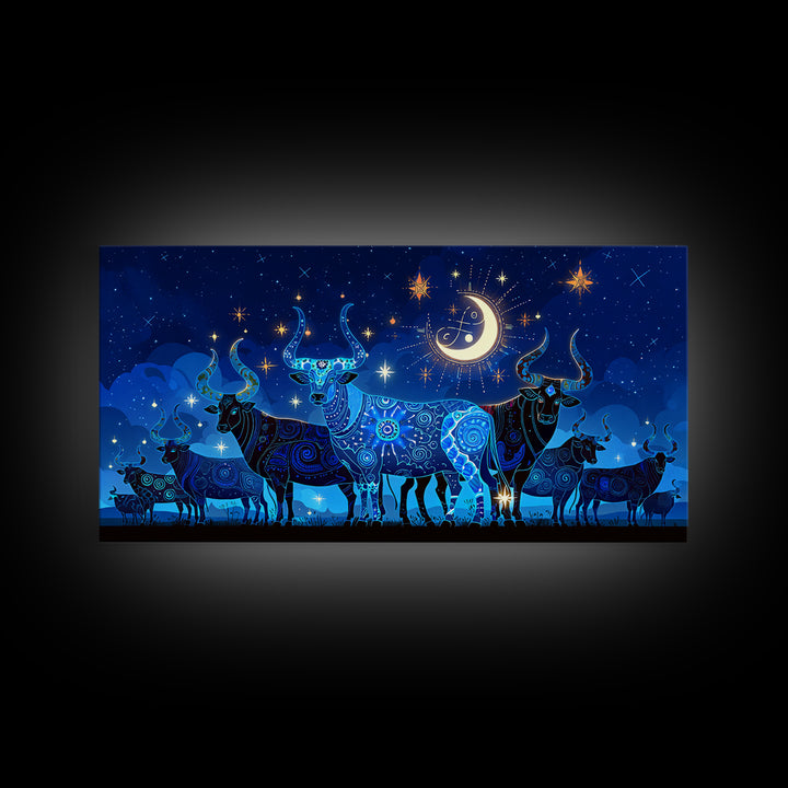 Starry Blue Cattle Under Crescent Moon Wall Art, Celestial Animal Canvas Decor, Night Sky Painting, Boho Home Decor Gift