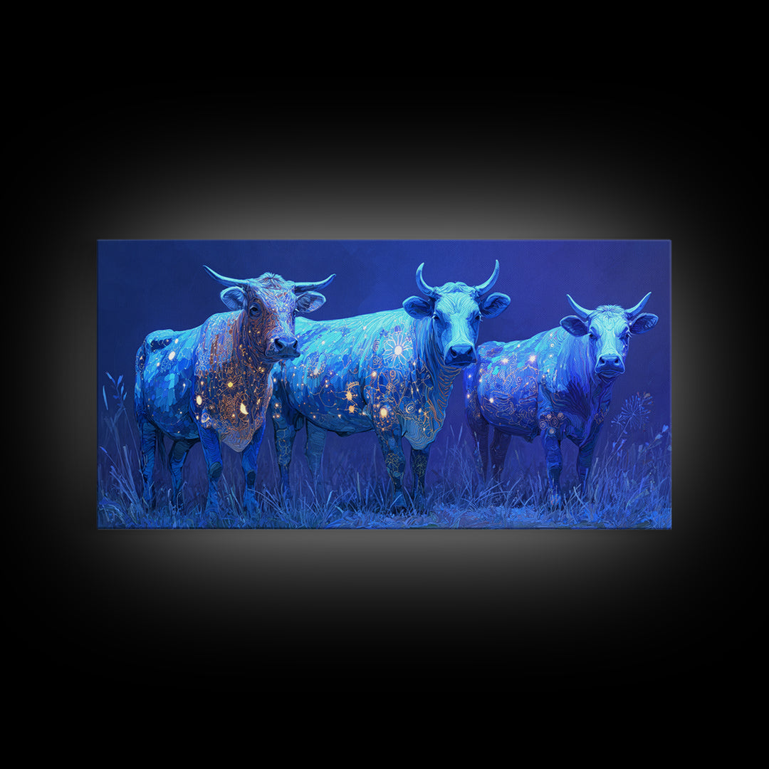 Glowing Blue African Cattle Under Moonlight Canvas Print, Safari Animal Wall Decor, Modern African Art, Blue Living Room Art