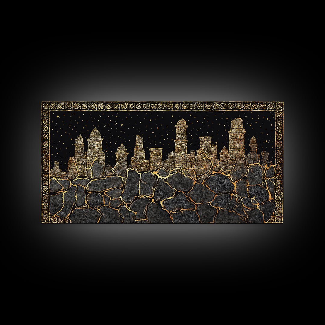 Black Gold Skyline And Cracked Earth Wall Art, African Inspired Cityscape, Luxury Canvas Decor, Bold Statement Home Decor