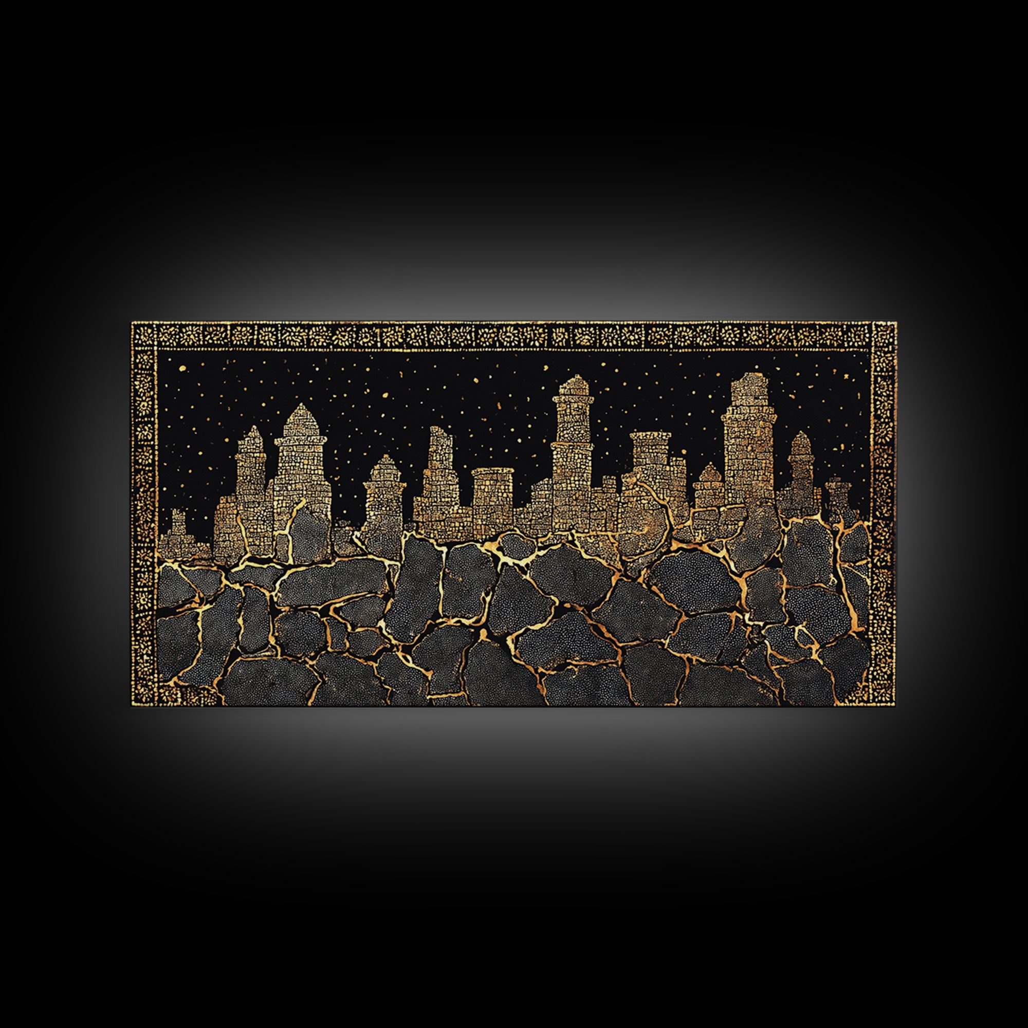 Black Gold Skyline And Cracked Earth Wall Art, African Inspired Cityscape, Luxury Canvas Decor, Bold Statement Home Decor