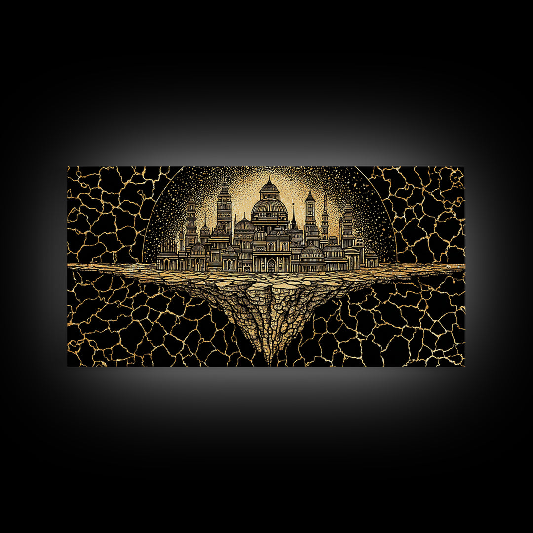Golden African Kingdom City Wall Art, Black And Gold Geometric Decor, Afrocentric Spiritual Art, Luxury Canvas Print Poster