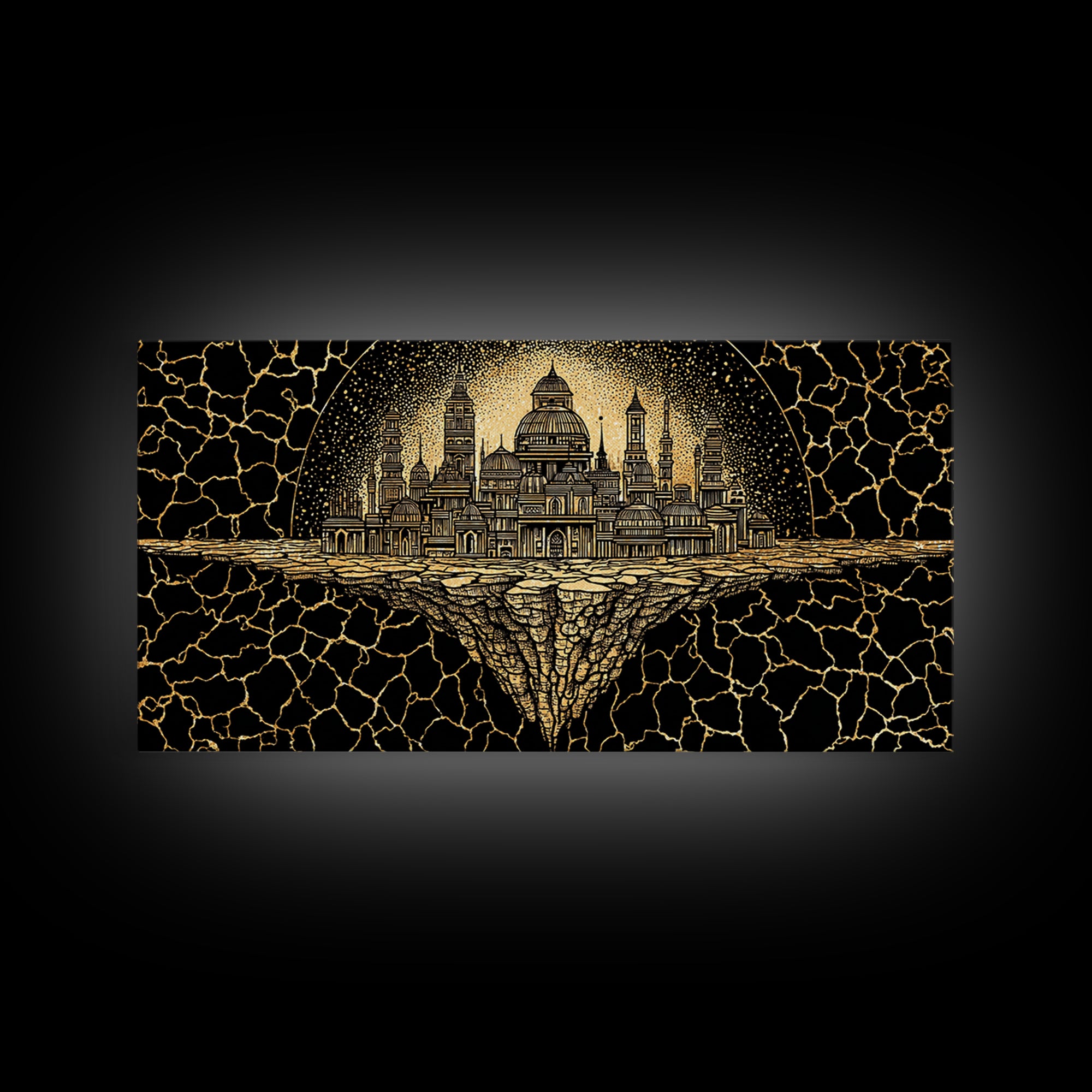 Golden African Kingdom City Wall Art, Black And Gold Geometric Decor, Afrocentric Spiritual Art, Luxury Canvas Print Poster